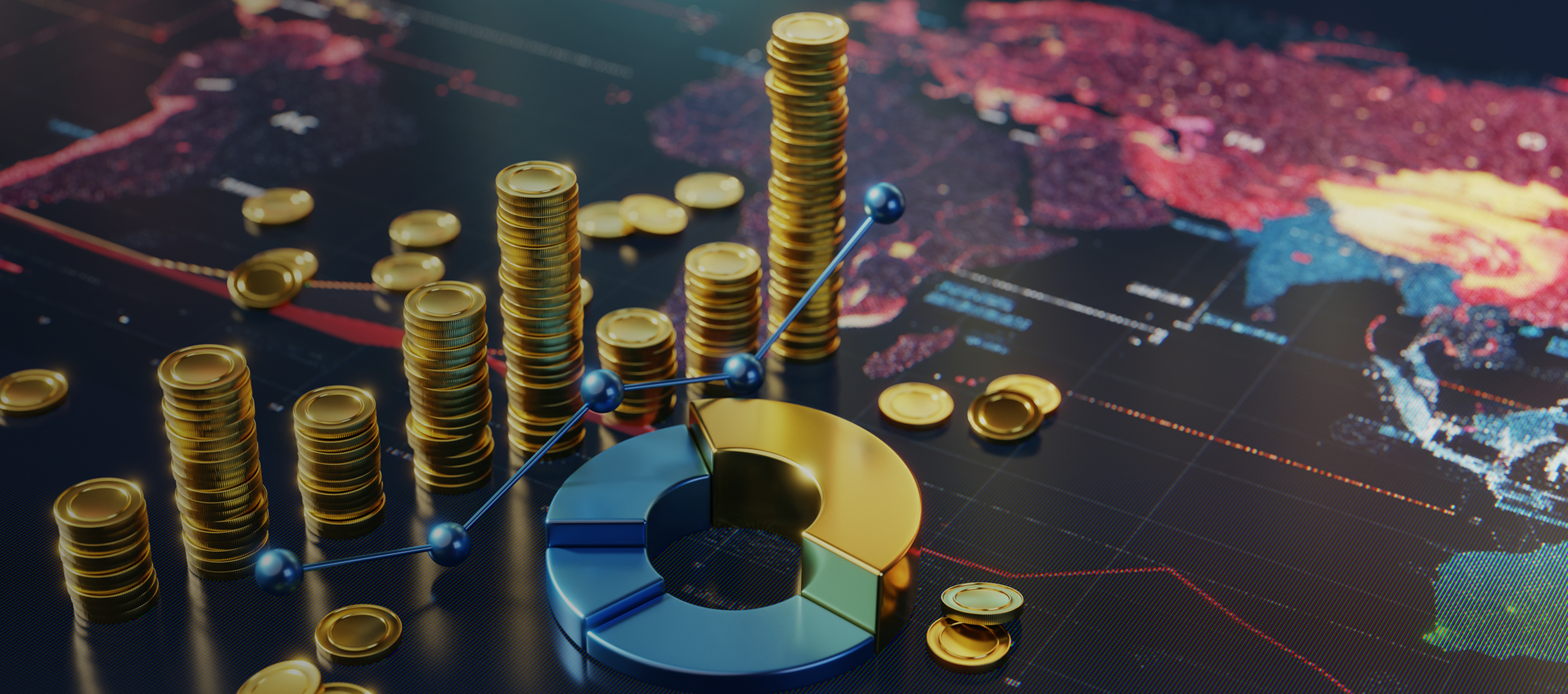 Gold coins with financial data background